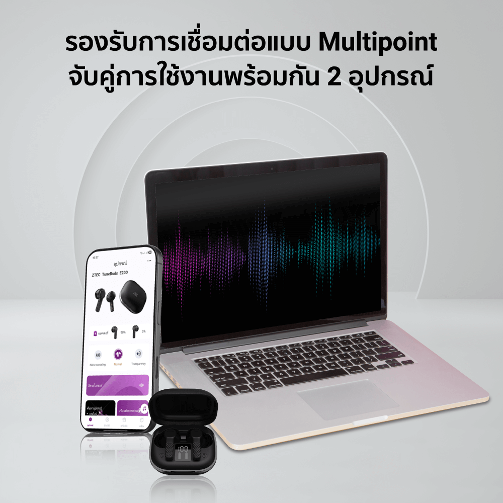 หูฟังไร้สาย ZTEC TUNE BUDS E200 ANC EARBUDS -25DB 6 ไมโครโฟน มี GAME MODE 40MS แบตเตอรี่ 28 ชม.